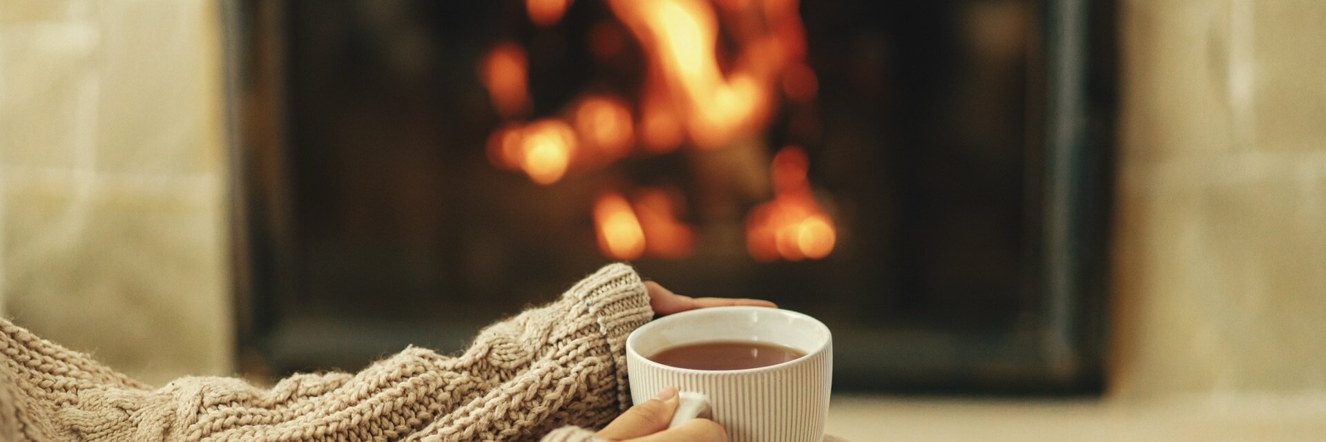 Cozy lit fireplace